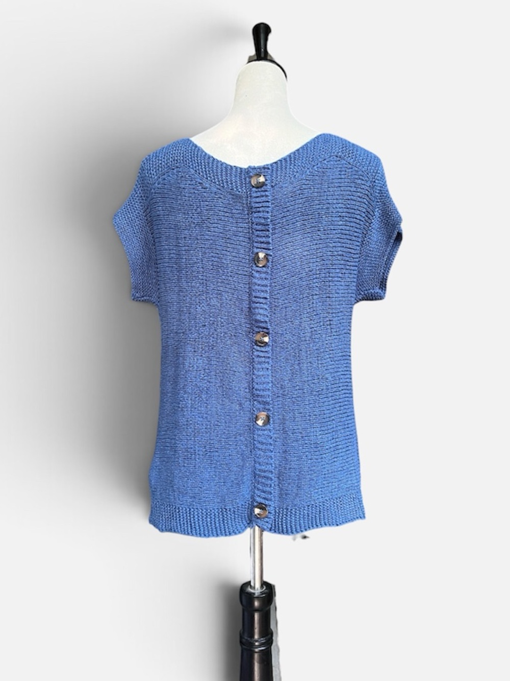 Cable & Gauge Button-Back Knit Cap Sleeve Sweater in Blue Sz Medium - Picture 5 of 12